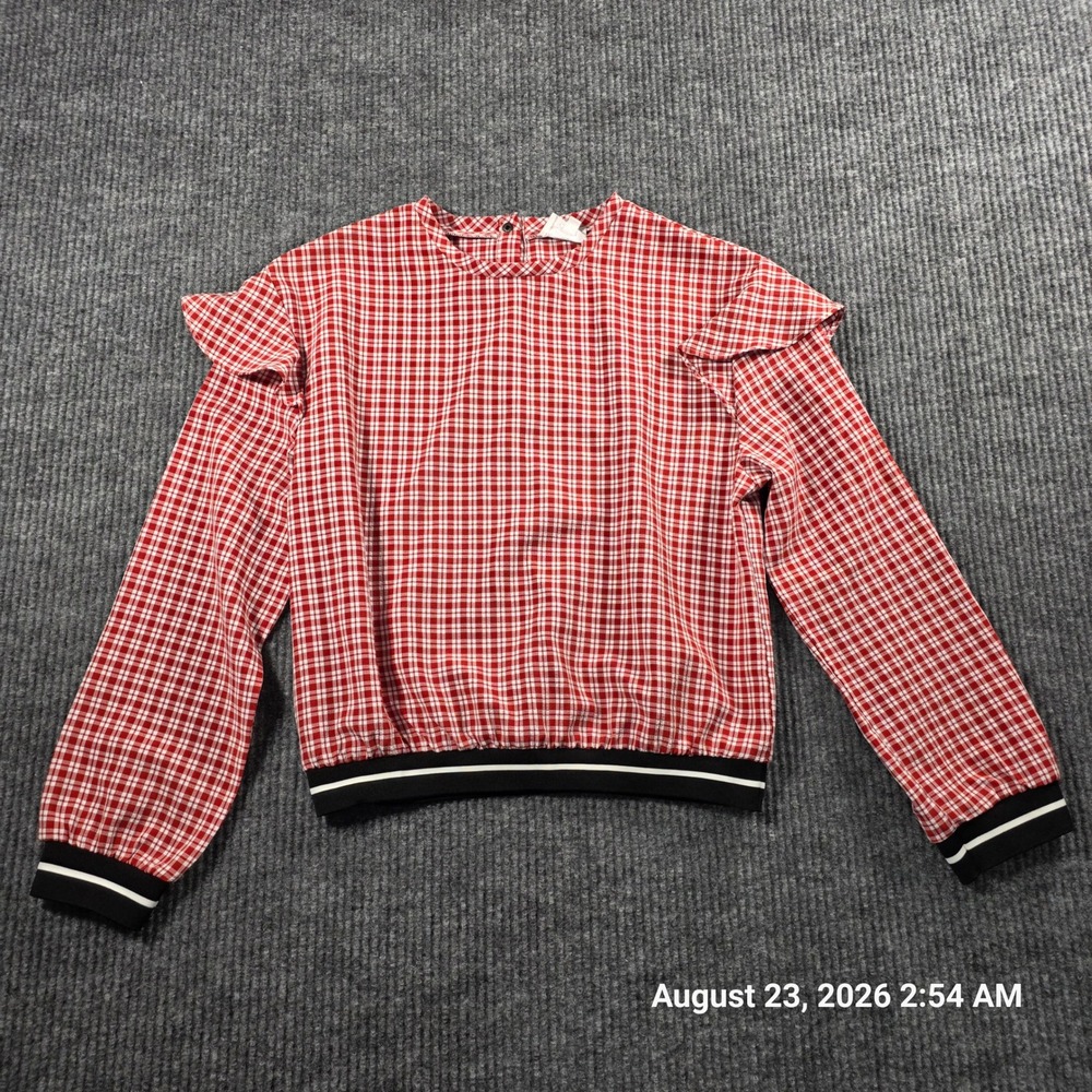 Love+Harmony Red Gingham Plaid Ruffle Shoulder Blouse Striped Trim Small